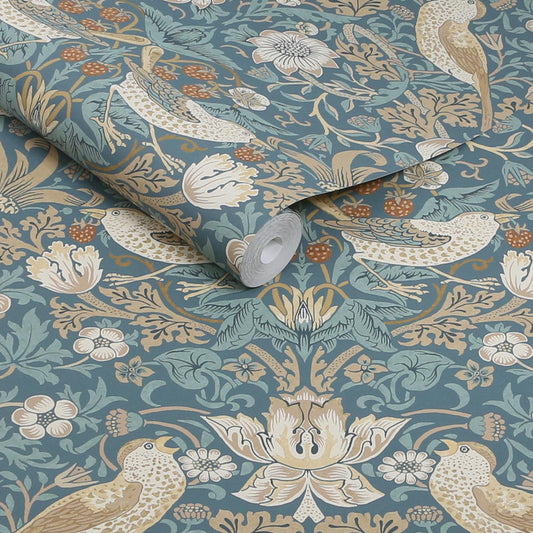 140503 - Strawberry Thief Wallpaper - Washed Blue - William Morris