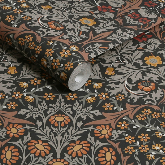 Blackthorn Wallpaper - Charcoal & Burnt Orange - William Morris AH