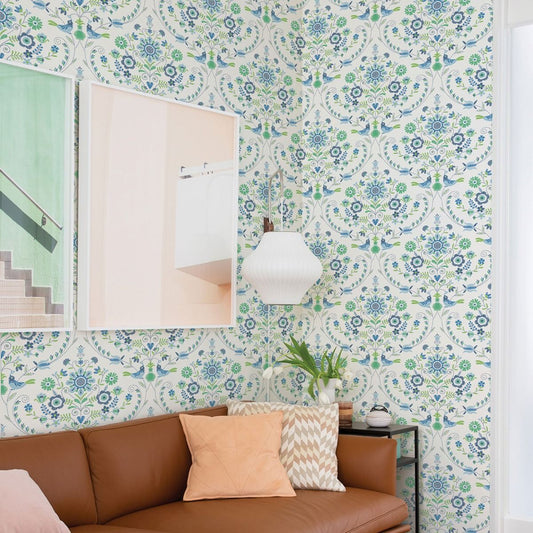 Britt Woodland Damask Vinyl Wallpaper - Blue / Green - Fine Decor