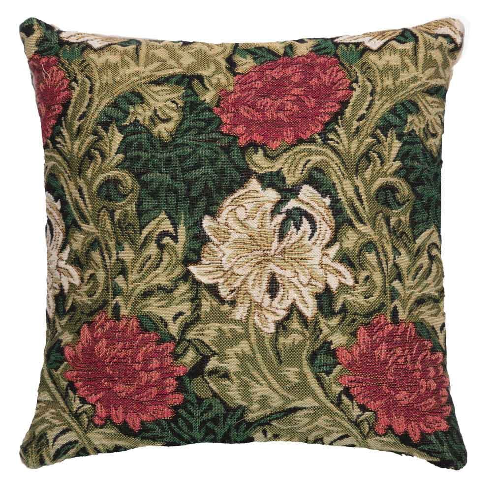 Chrysanthemums Cushion with Feather Filler - Green - Hines of Oxford