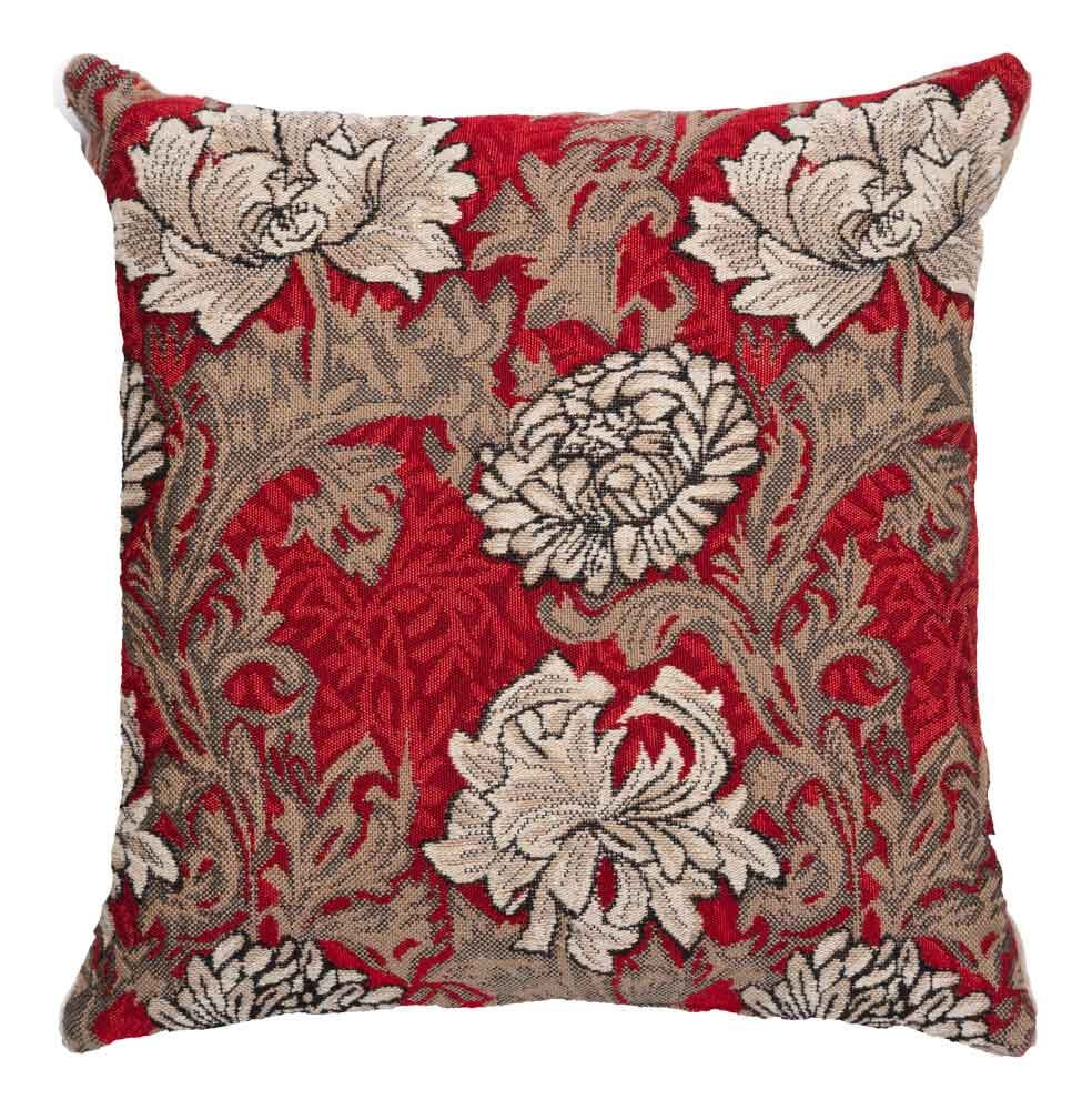 Chrysanthemums Cushion with Feather Filler - Red - Hines of Oxford