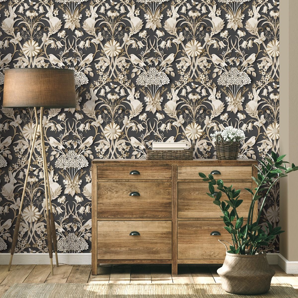 Dimensions Woodland Wallpaper - Charcoal - Fine Decor