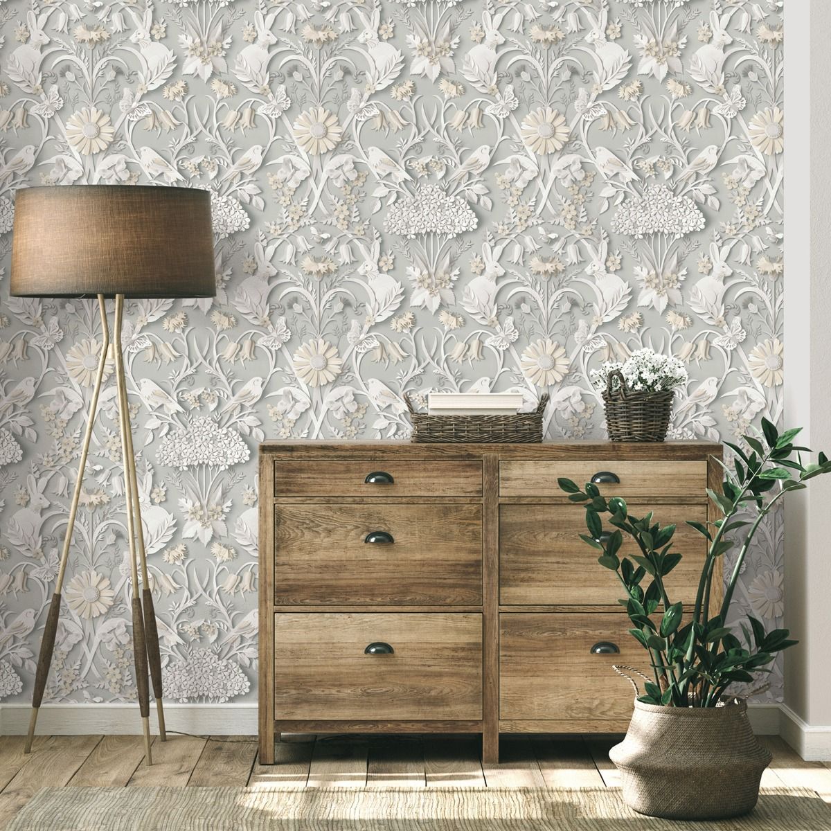 Dimensions Woodland Wallpaper - Soft Grey - Fine Decor