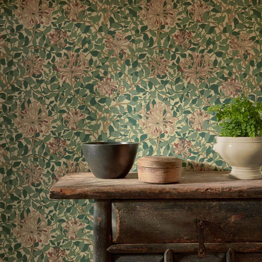 Honeysuckle Wallpaper - Green/Coral/Pink - DMC1HS102 - Morris & Co