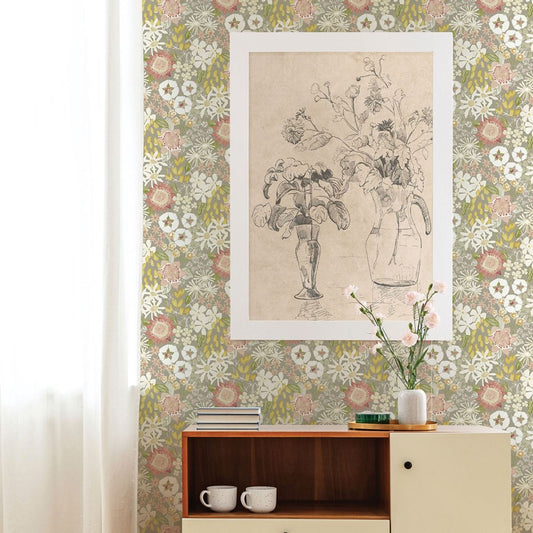 Karina Wildflower Garden Vinyl Wallpaper - Natural / Pink - Fine Decor