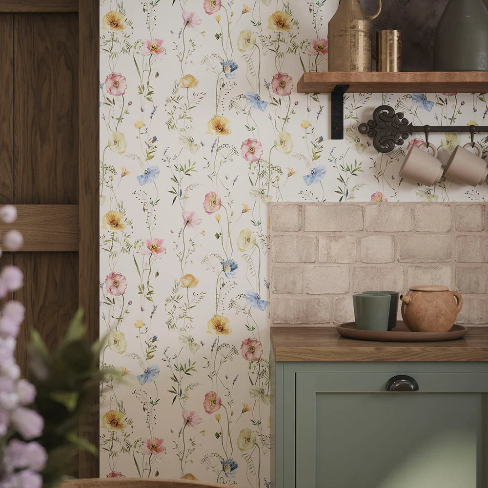 Delicate Stems Wallpaper - Soft Pastels on Linen - LAN100004
