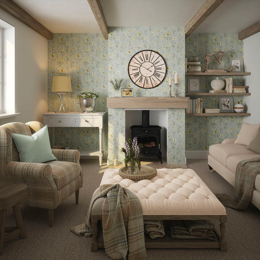 Delicate Stems Wallpaper - Shades of Cream on Seafoam Green - LAN100005