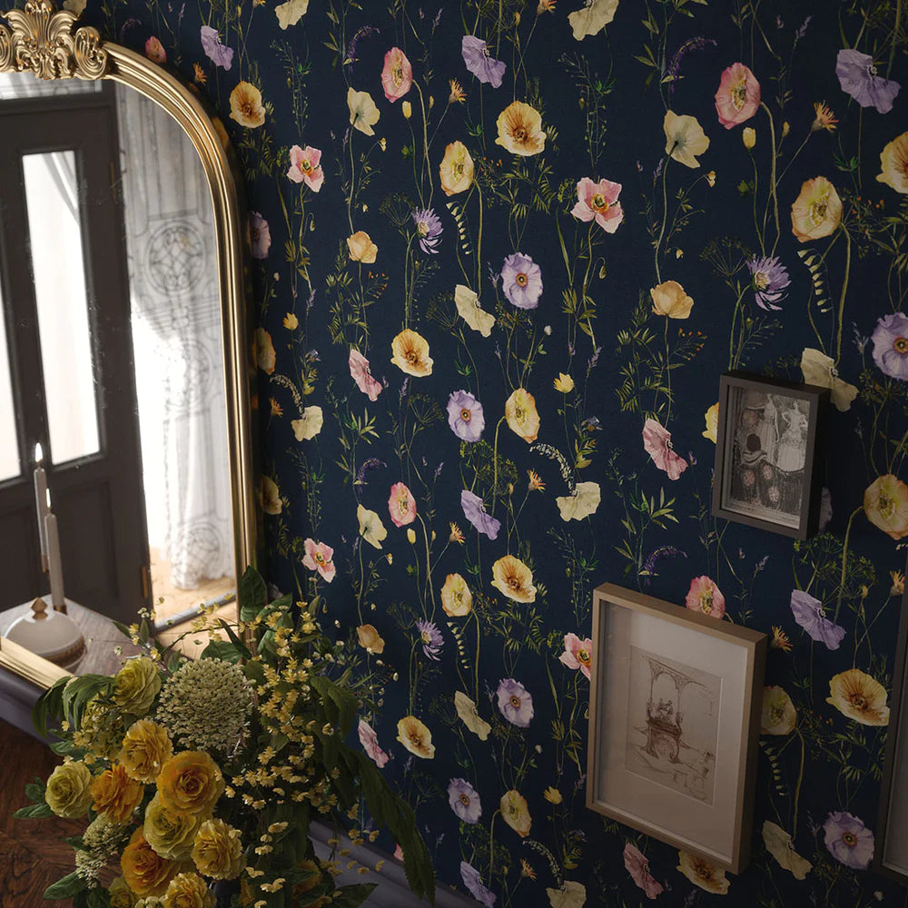 Delicate Stems Wallpaper - Soft Pastels on Classic Navy - LAN100007