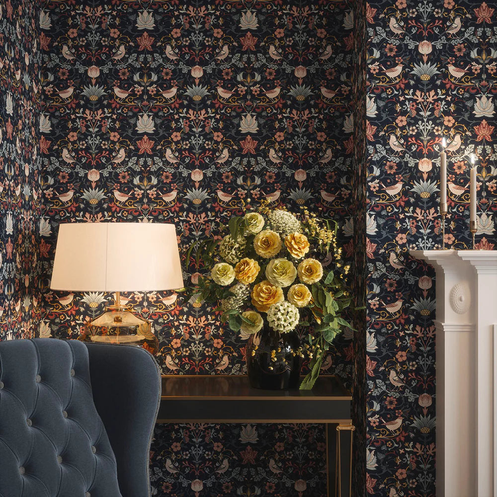 Garden Visitors Wallpaper - Shades of Rose and Mineral on Royal Navy - LAN100008
