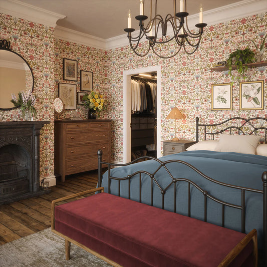 Garden Visitors Wallpaper - Raspberry, Mineral and Olive on Windsor Cream - LAN100009
