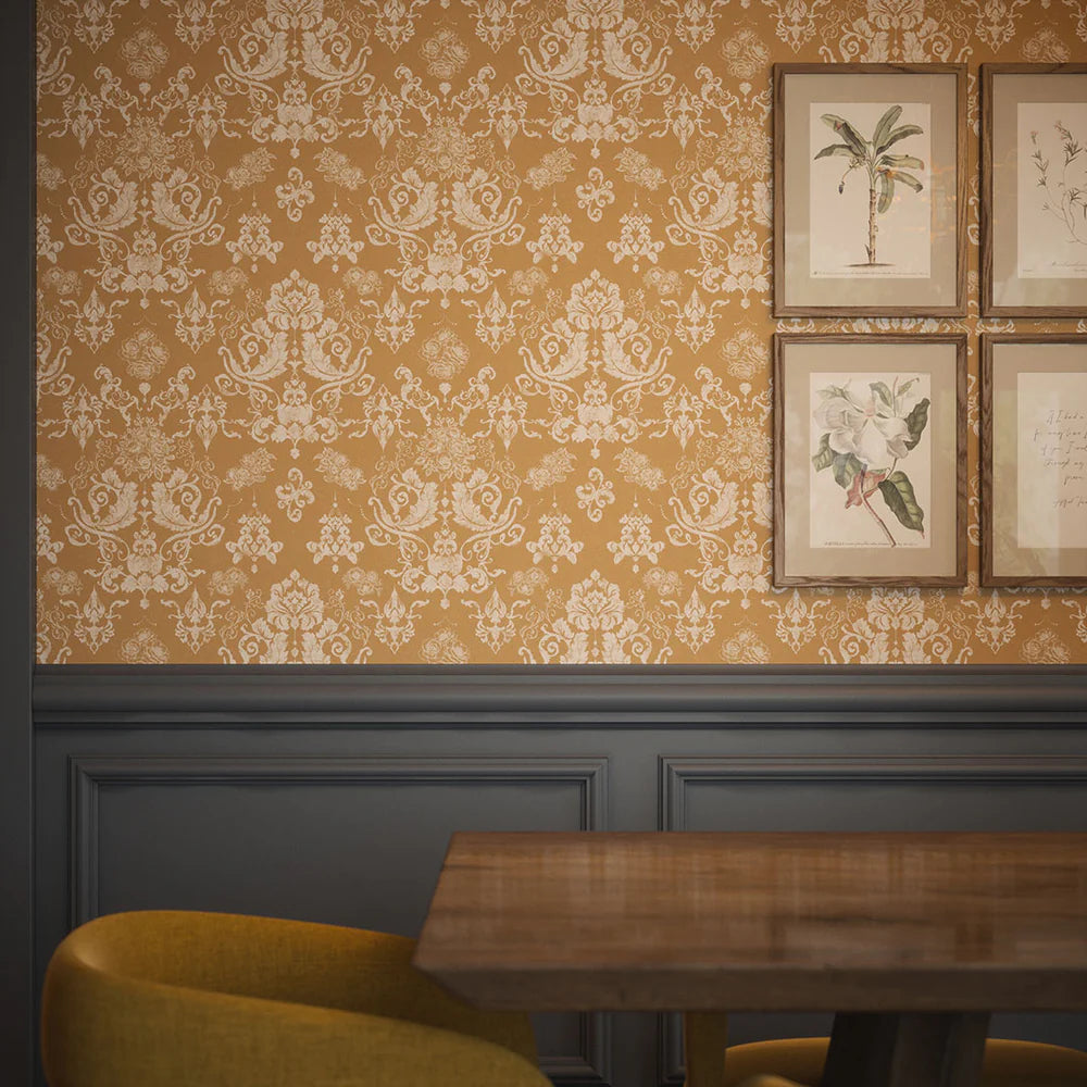 Bridgerton Damask Wallpaper - Burnt Ochre and Vintage Cream - LAN100023