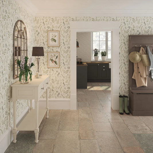 Countryside Trail Wallpaper - Rustic Greens on Ivory Linen - LAN100045