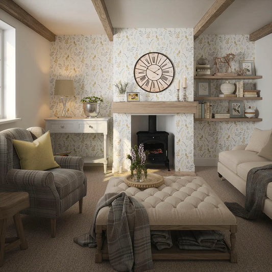 Countryside Trail Wallpaper - Ochre and Vintage Grey on Soft Cream - LAN100047