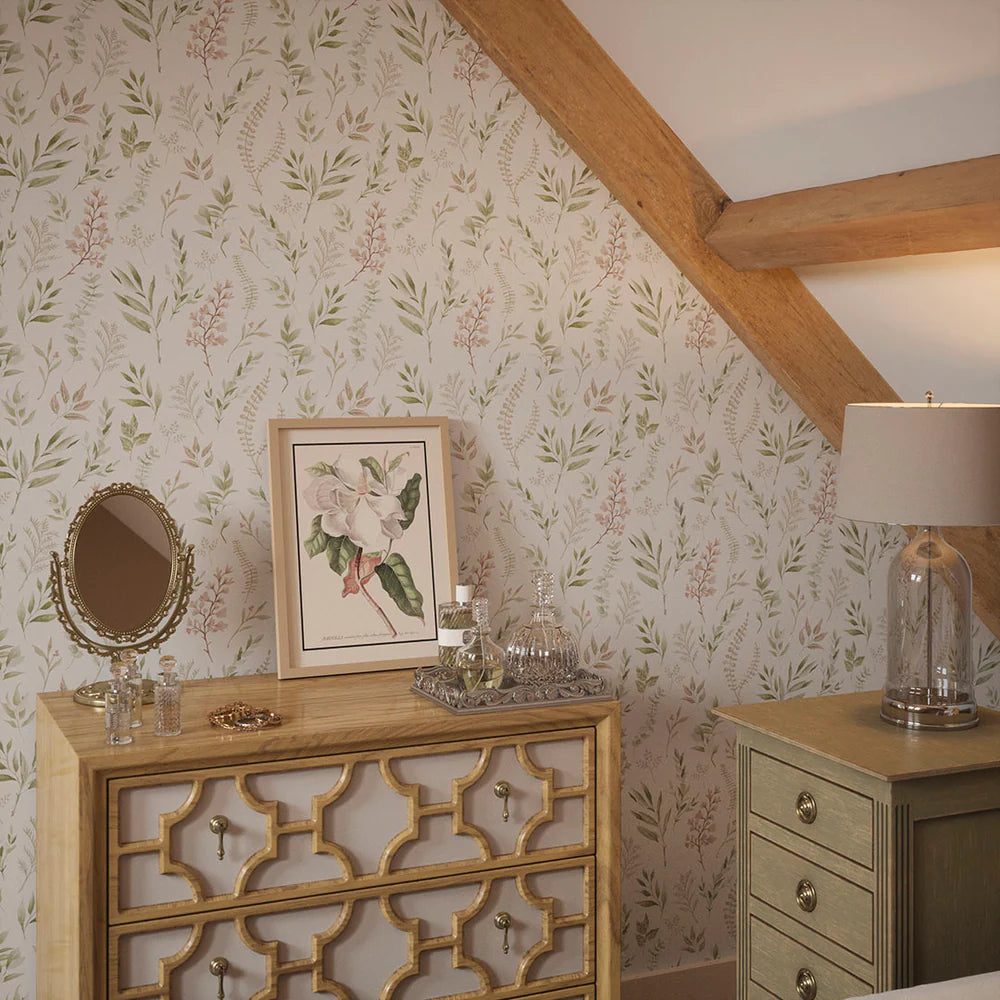 Countryside Trail Wallpaper - Blush, Olive and Sand on White - LAN100048