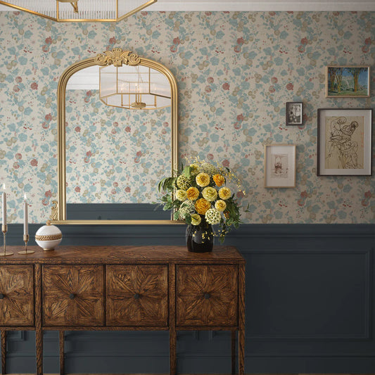 Forgotten Fruit Wallpaper - Duck Egg and Pomegranate on Vintage Cream - LAN100069