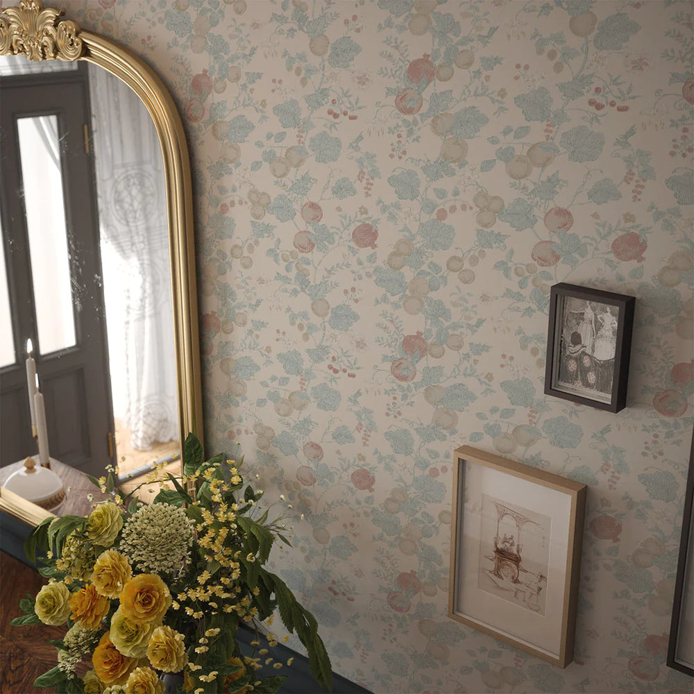 Forgotten Fruit Wallpaper - Duck Egg and Pomegranate on Vintage Cream - LAN100069