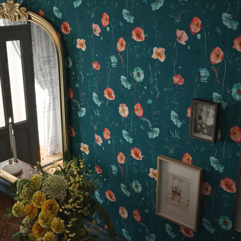 Delicate Stems Wallpaper - Shades of Coral on Teal - LAN100070