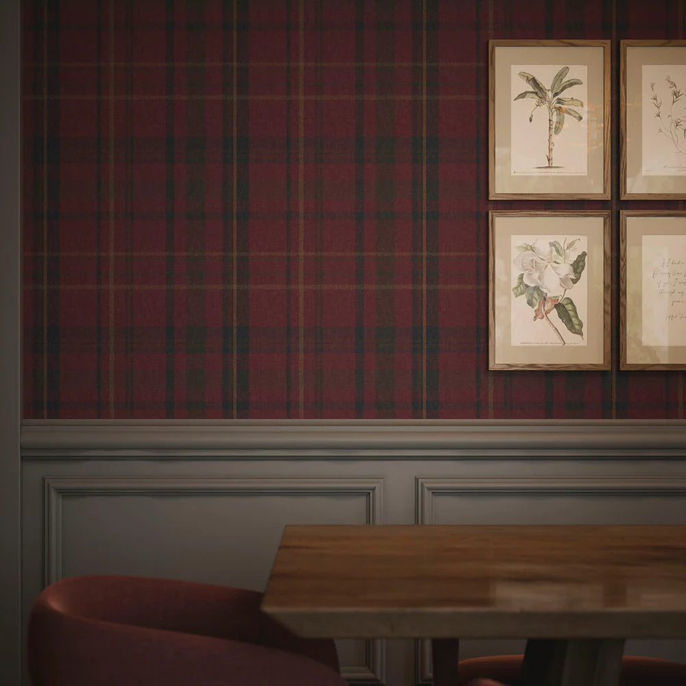 Heritage Tartan Wallpaper - Fig, Oxford Blue and Thistle Green - LAN100077