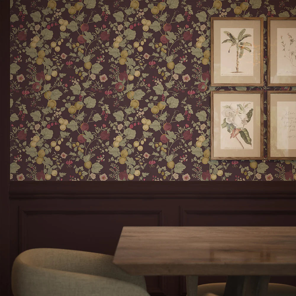 Forgotten Fruit Wallpaper - Sage Green, Raspberry and Gold on Wild Plum - LAN100094