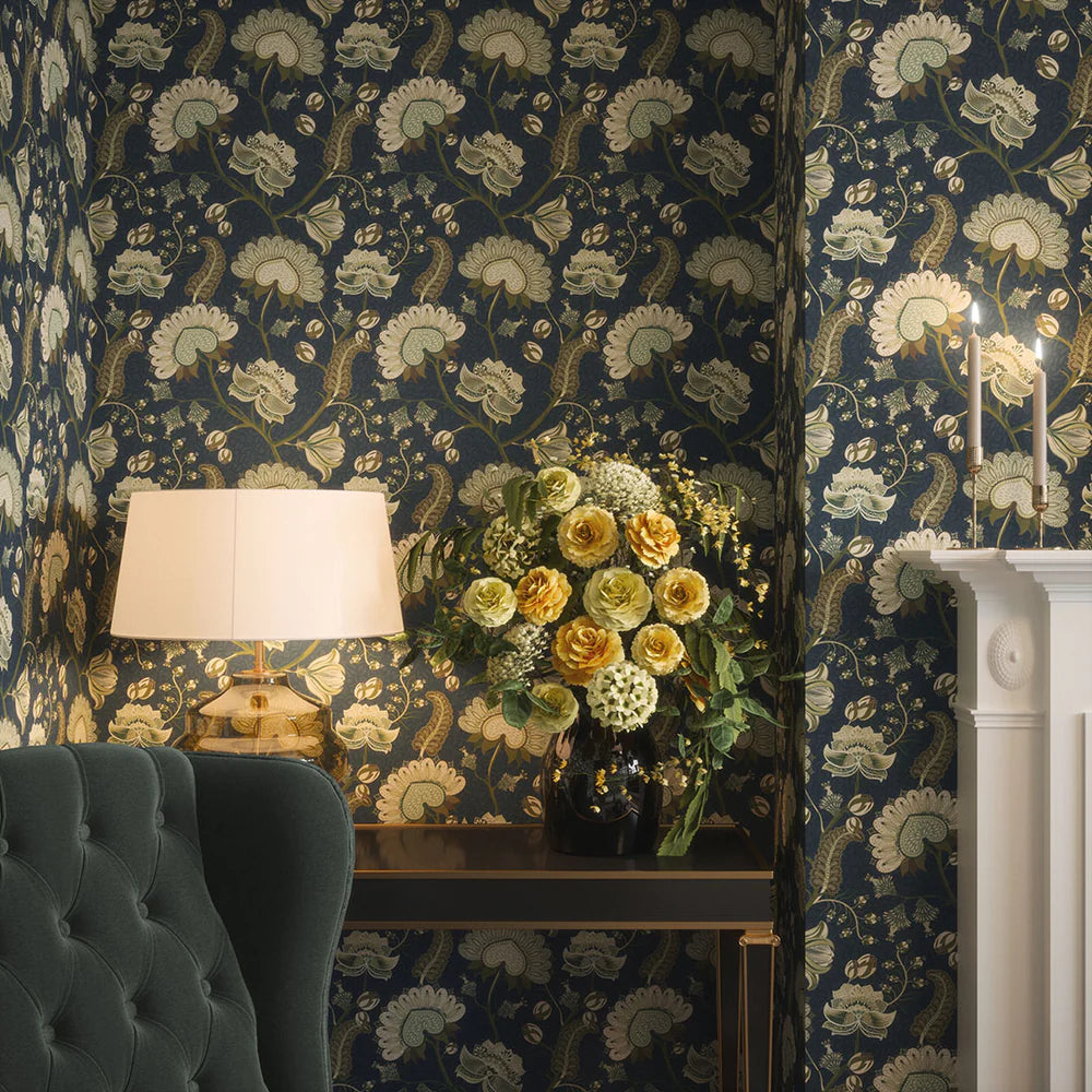 Beaumont Wallpaper - Olive and Sage Green on Classic Navy - LAN100108