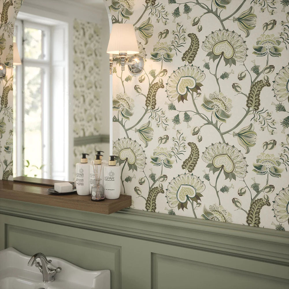 Beaumont Wallpaper - Olive and Sage Green on Ecru - LAN100109
