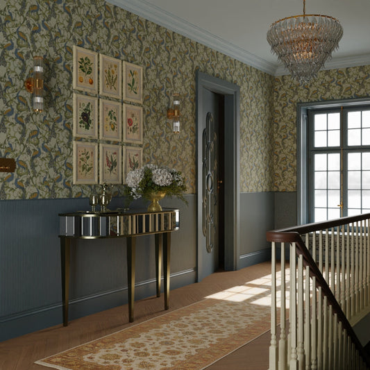 Aubrey Wallpaper - Classic Navy and Ochre on Forest Green - LAN100182