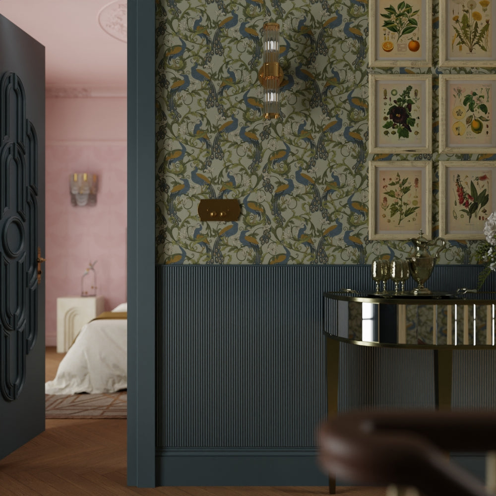Aubrey Wallpaper - Classic Navy and Ochre on Forest Green - LAN100182