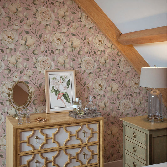 Enchanted Roses Wallpaper - Blush on Dusky Pink - LAN100340