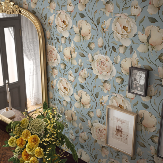 Enchanted Roses Wallpaper - Blush on Mineral Mist - LAN100341