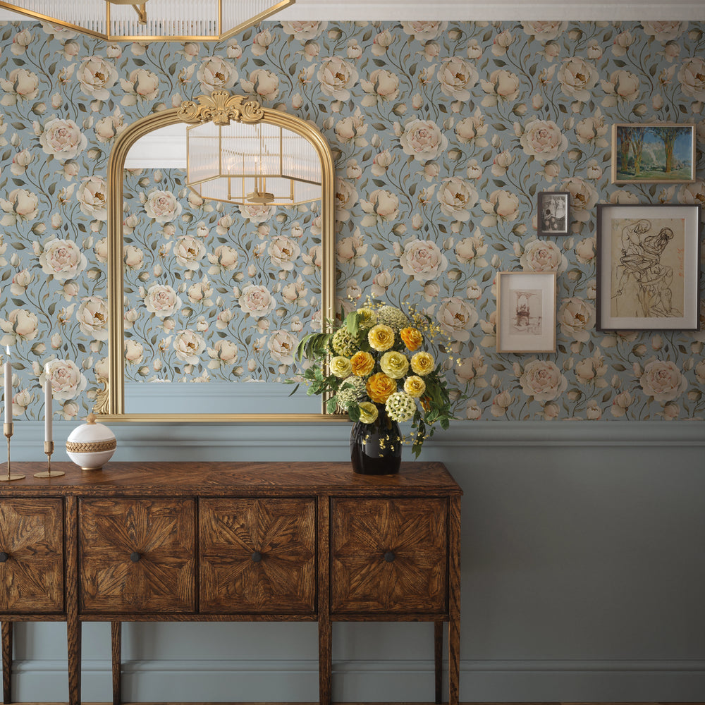 Enchanted Roses Wallpaper - Blush on Mineral Mist - LAN100341