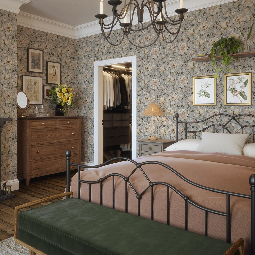 Enchanted Roses Wallpaper - Blush on Vintage Grey - LAN100344