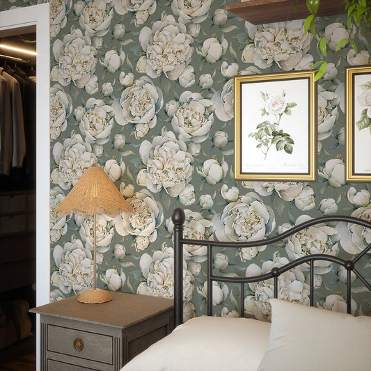English Garden Peonies Wallpaper - Wild Nettle Green - LAN100361