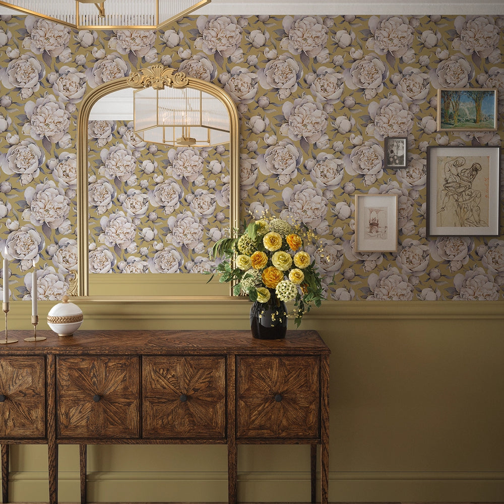 English Garden Peonies Wallpaper - Antique Gold - LAN100367