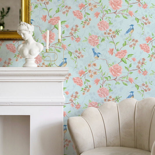 Blossoming Birdsong Wallpaper - Powder Blue - LAN100389