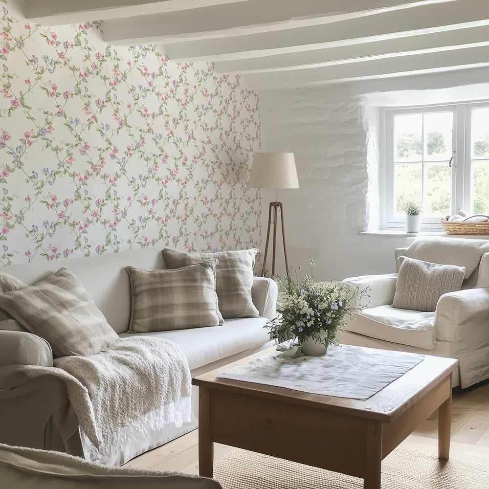 Sweet Pea Wallpaper - Pinks and Lilacs on Vintage Cream - LAN100415