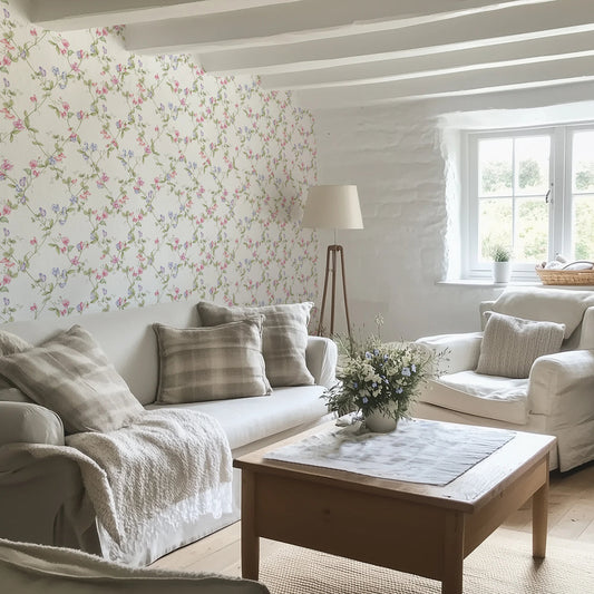 Sweet Pea Wallpaper - Pinks and Lilacs on Vintage Cream - LAN100415