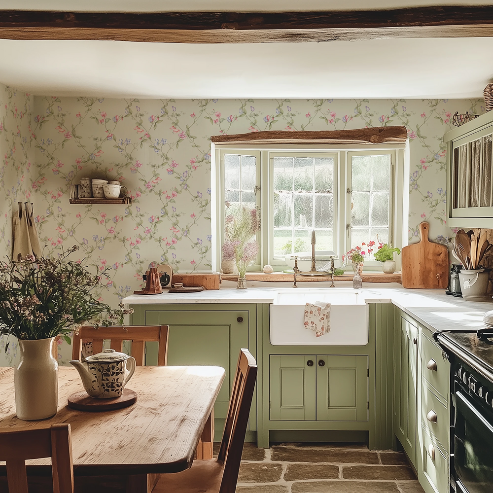 Sweet Pea Wallpaper - Pinks and Lilacs on Soft Sage - LAN100416
