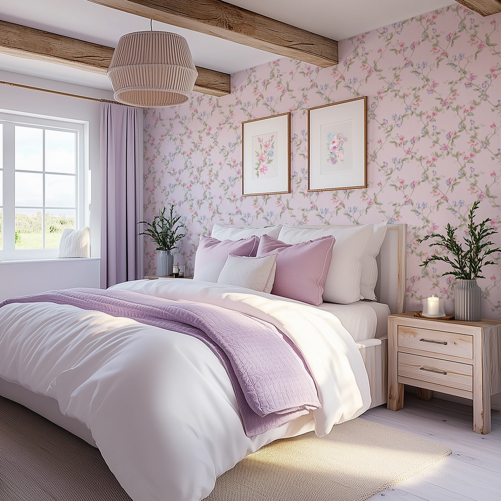 Sweet Pea Wallpaper - Pinks and Lilacs on Pastel Pink - LAN100417