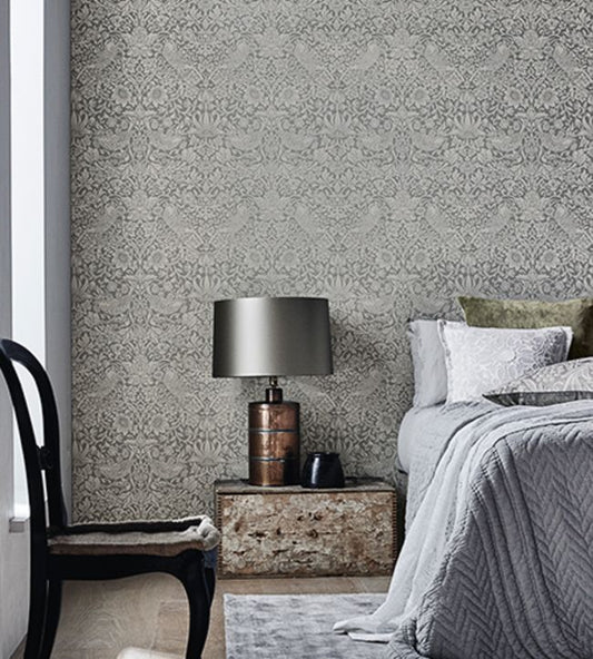 Pure Strawberry Thief Wallpaper - Silver/Stone - 216017 - Morris & Co