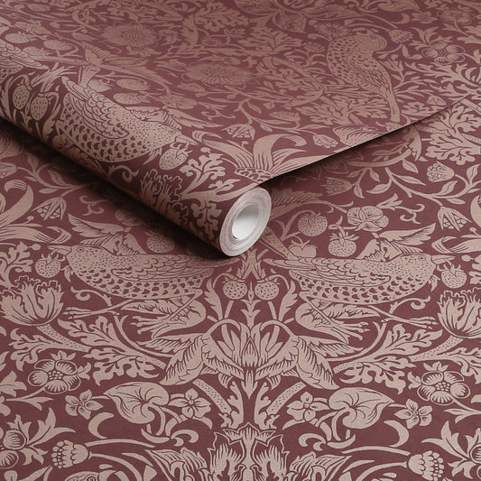 Strawberry Thief Fibrous Wallpaper - Burgundy - William Morris AH