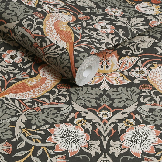 Strawberry Thief Wallpaper - Charcoal - William Morris AH