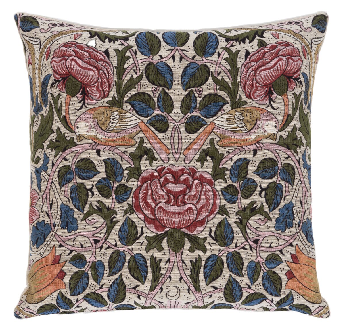 Bird & Rose Tapestry Cushion with Feather Filler - Blue - Hines of Oxford