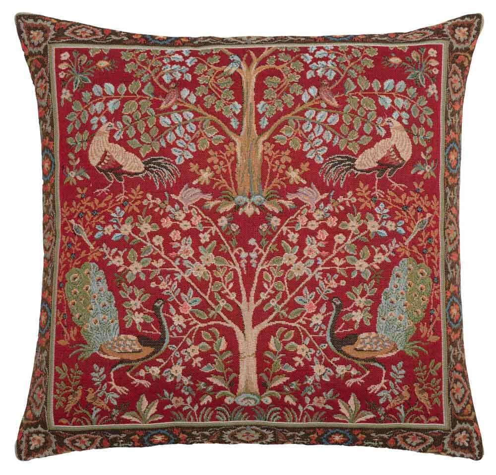 Birds & Trees Regular Cushion with Feather Filler - Red - Hines of Oxford