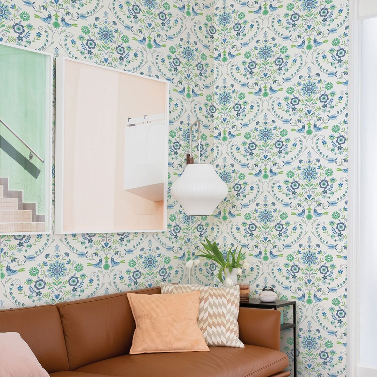 Britt Woodland Damask Vinyl Wallpaper - Blue / Green - Fine Decor