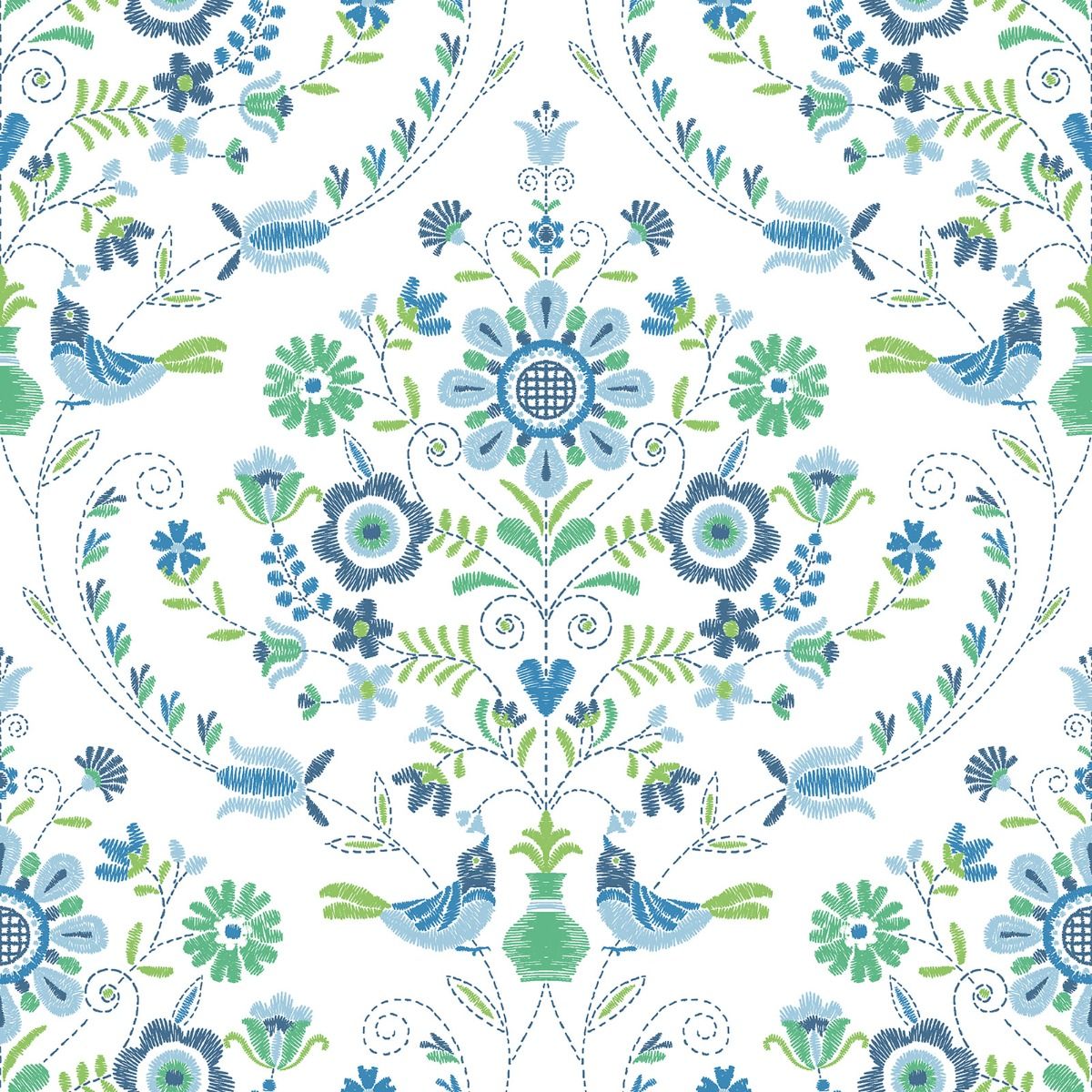 Britt Woodland Damask Vinyl Wallpaper - Blue / Green - Fine Decor