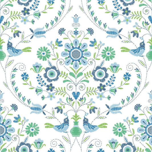 Britt Woodland Damask Vinyl Wallpaper - Blue / Green - Fine Decor