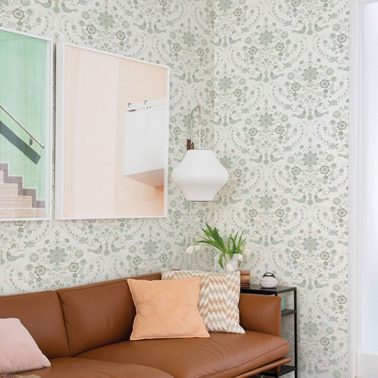 Britt Woodland Damask Vinyl Wallpaper - Neutral - Fine Decor