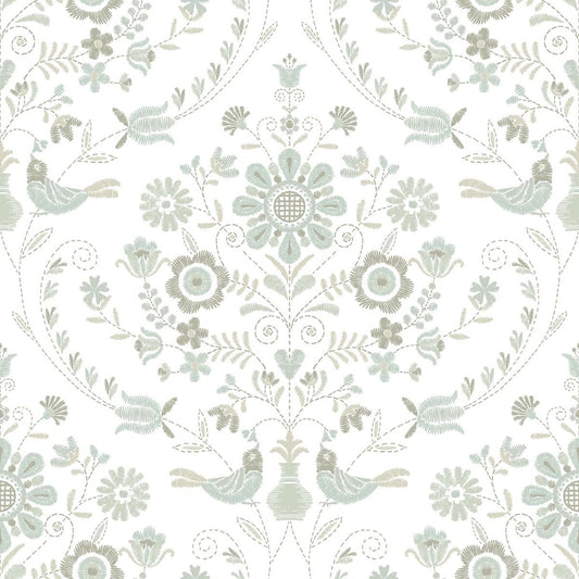 Britt Woodland Damask Vinyl Wallpaper - Neutral - Fine Decor