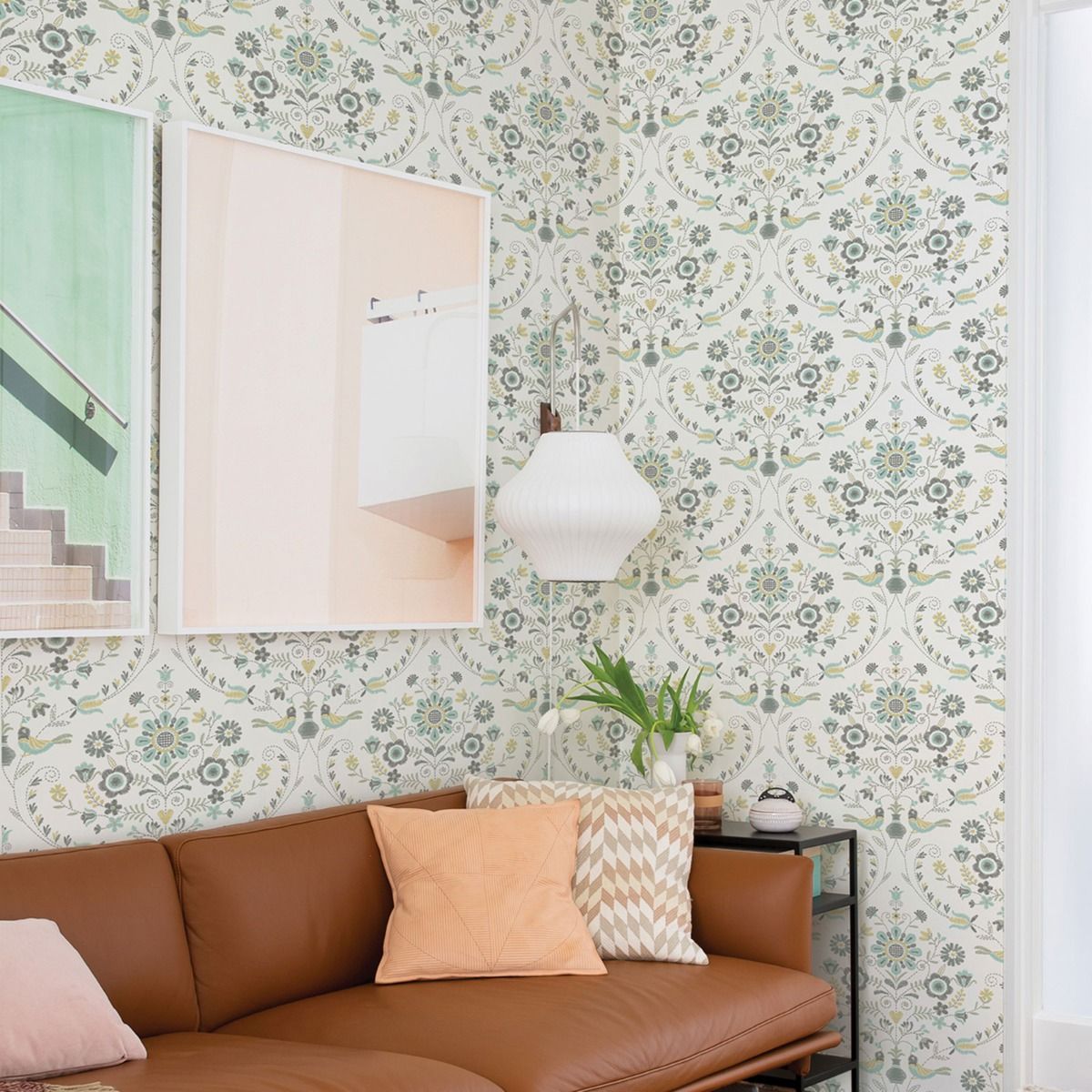 Britt Woodland Damask Vinyl Wallpaper - Ochre / Turquoise - Fine Decor