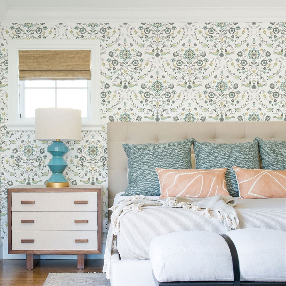 Britt Woodland Damask Vinyl Wallpaper - Ochre / Turquoise - Fine Decor